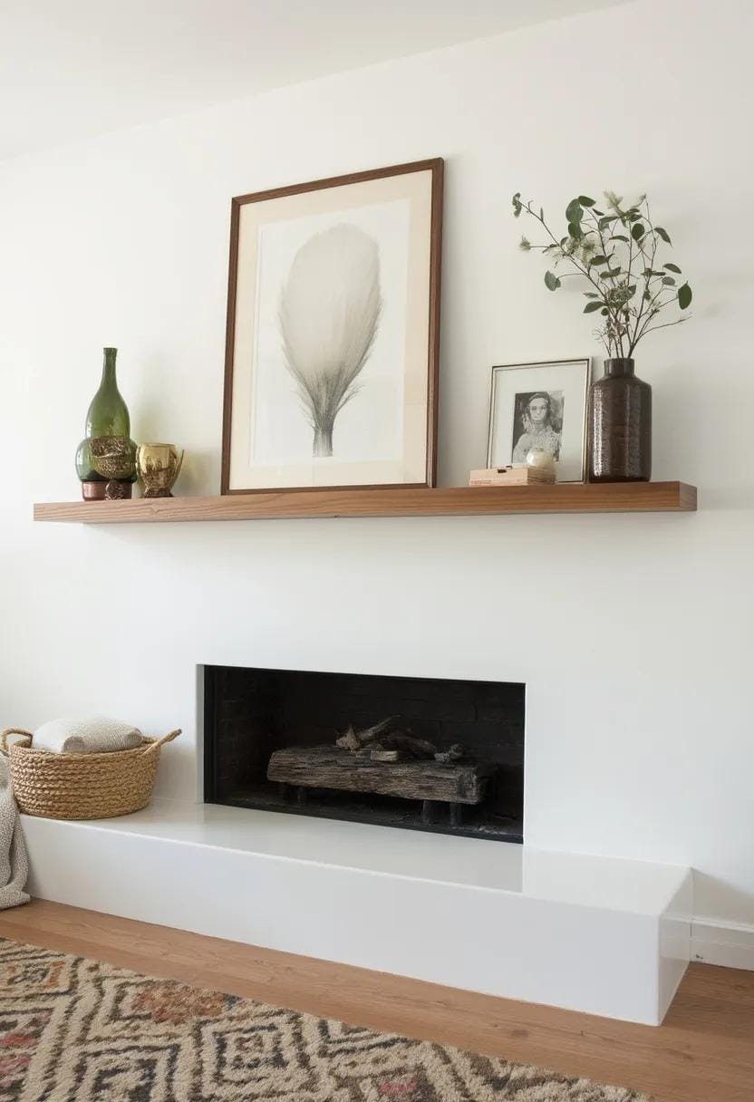 20 breathtaking mid-century modern fireplace-Makeover ideas 5 2. Minimalist white linear fireplace with floating wooden shell shelves 0