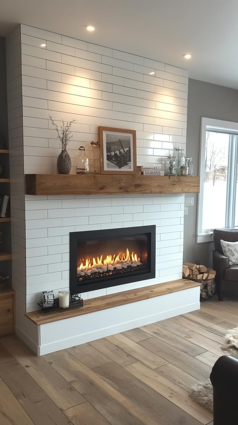 20 breathtaking mid-century modern fireplace-Makeover ideas 6 2. Minimalist white linear fireplace with floating wooden coatings shelves-1