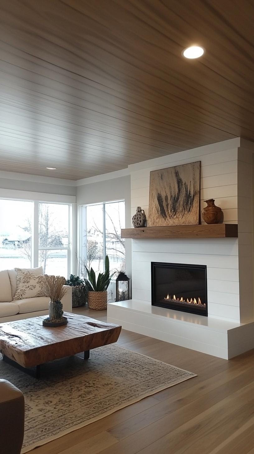 20 breathtaking mid-century modern fireplace-Makeover ideas 7 2. Minimalist white linear fireplace with floating wooden shell shelves-2