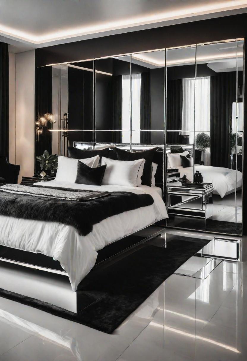 45 Black and White Bedroom Ideas for Timeless Elegance 18 16. Mirrored Furniture: Enhancing Light-0