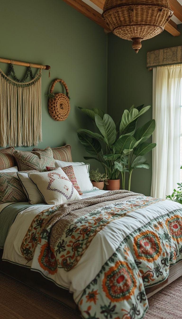 25 einzigartige Salbei grüne Boho Schlafzimmer Ideen für 2025 36 12. Nicht übereinstimmende Wunder: Integrieren Sie verschiedene Boho-Drucke in Bettwäsche und kombinieren Sie sie mit Salbei für einen harmonischen und dennoch eklektischen Look-0