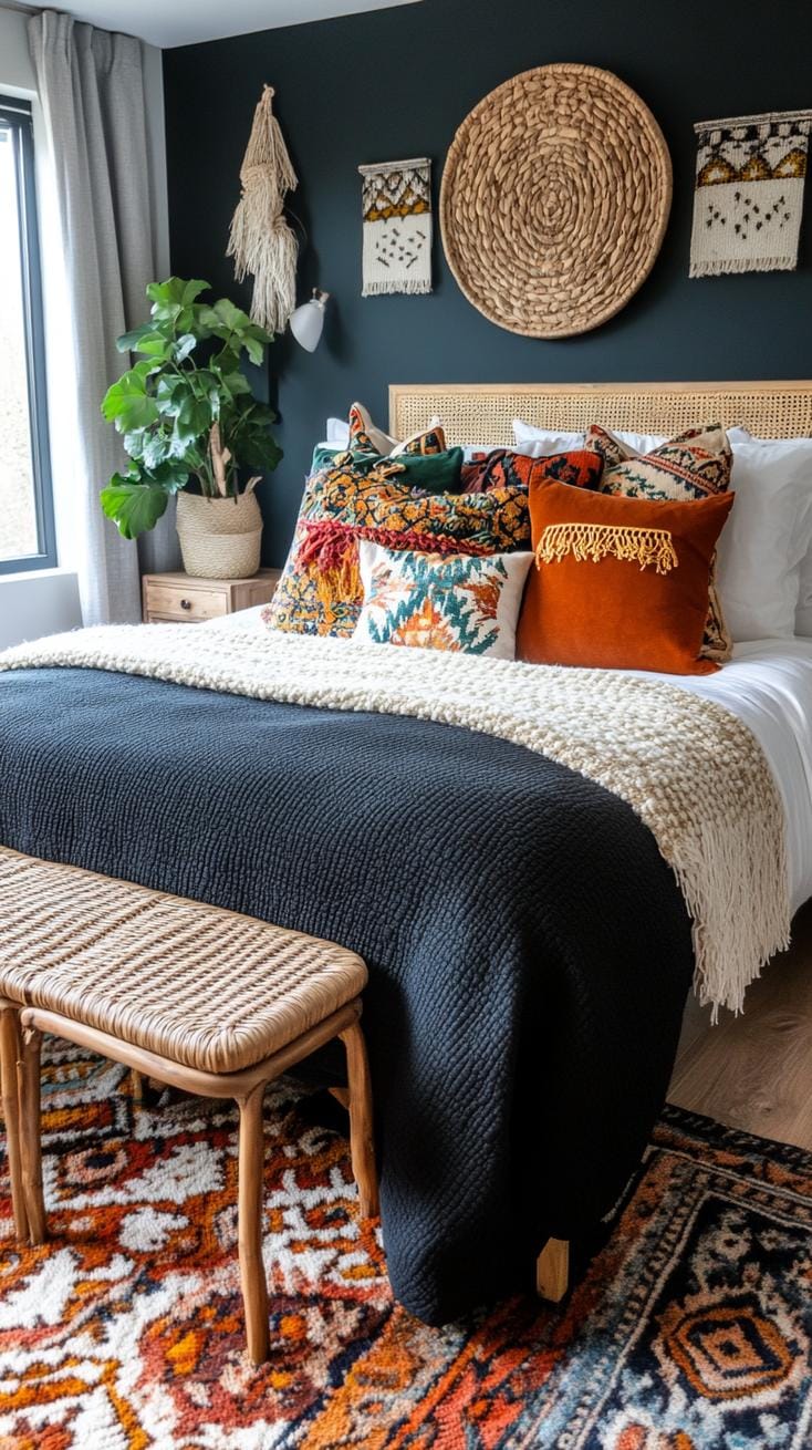 23 Recherent atmospheric Boho bedroom ideas for copying 35 12. Uniform boho pillows and throws a dark bedspitze-0 on