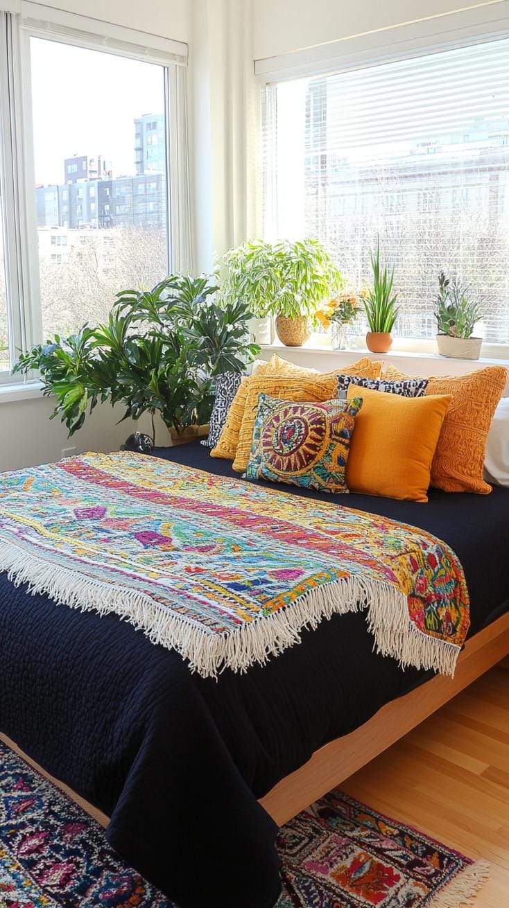 23 Atmospheric Boho bedroom ideas for copying 36 12. Uniform boho pillows and throws a dark bedspitze-1 up