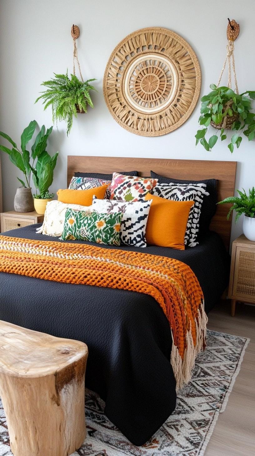 23 Atmospheric Boho bedroom ideas for copying 37 12. Uniform Boho pillows and throws a dark bedspitze-2