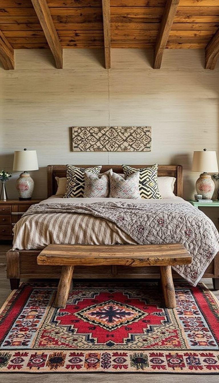 21 Breathtaking Western Boho Bedroom Ideas to inspire you 3 1. Mix southwestern patterns with neutral tones use a navajo carpet as the center of the rustic wooden floor