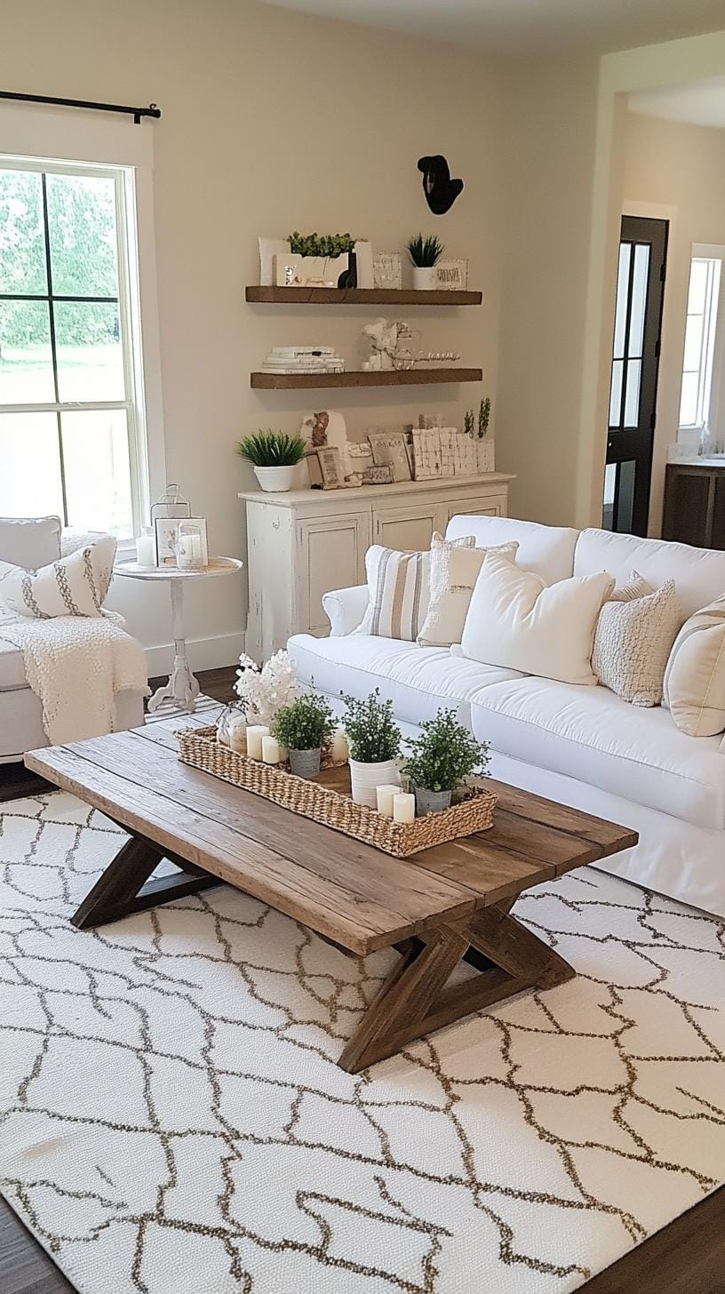23 Best modern farmhouse living room ideas to inspire you 23 8. Mixing of vintage patterns and solid neutral in pillows and carpets-0