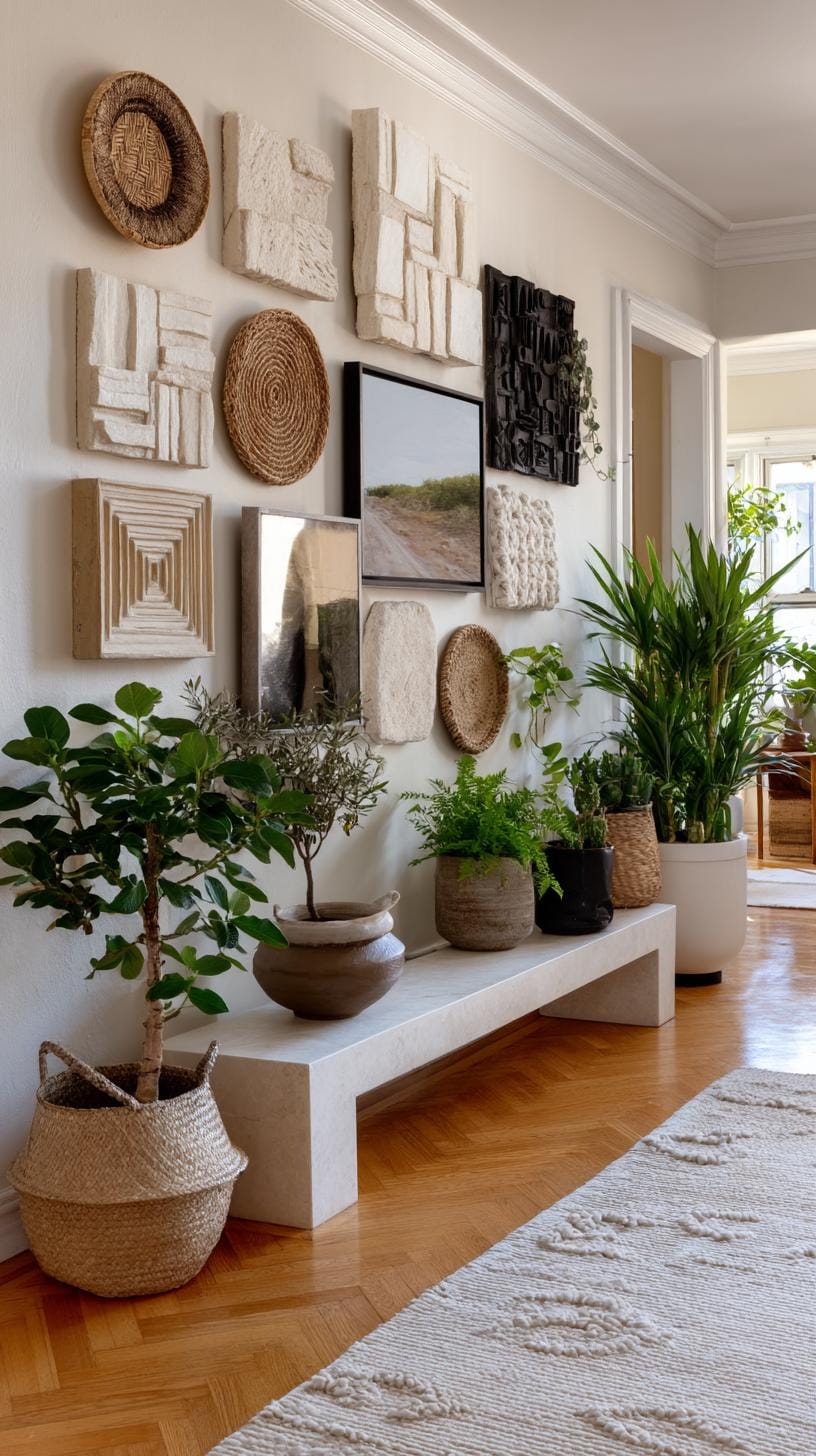 37 Gallery Wall Decor Ideas: Layouts And Styles to Elevate Any Room 26 9. Mixed material eclectic wall blending canvas mirrors plates and macramé-0