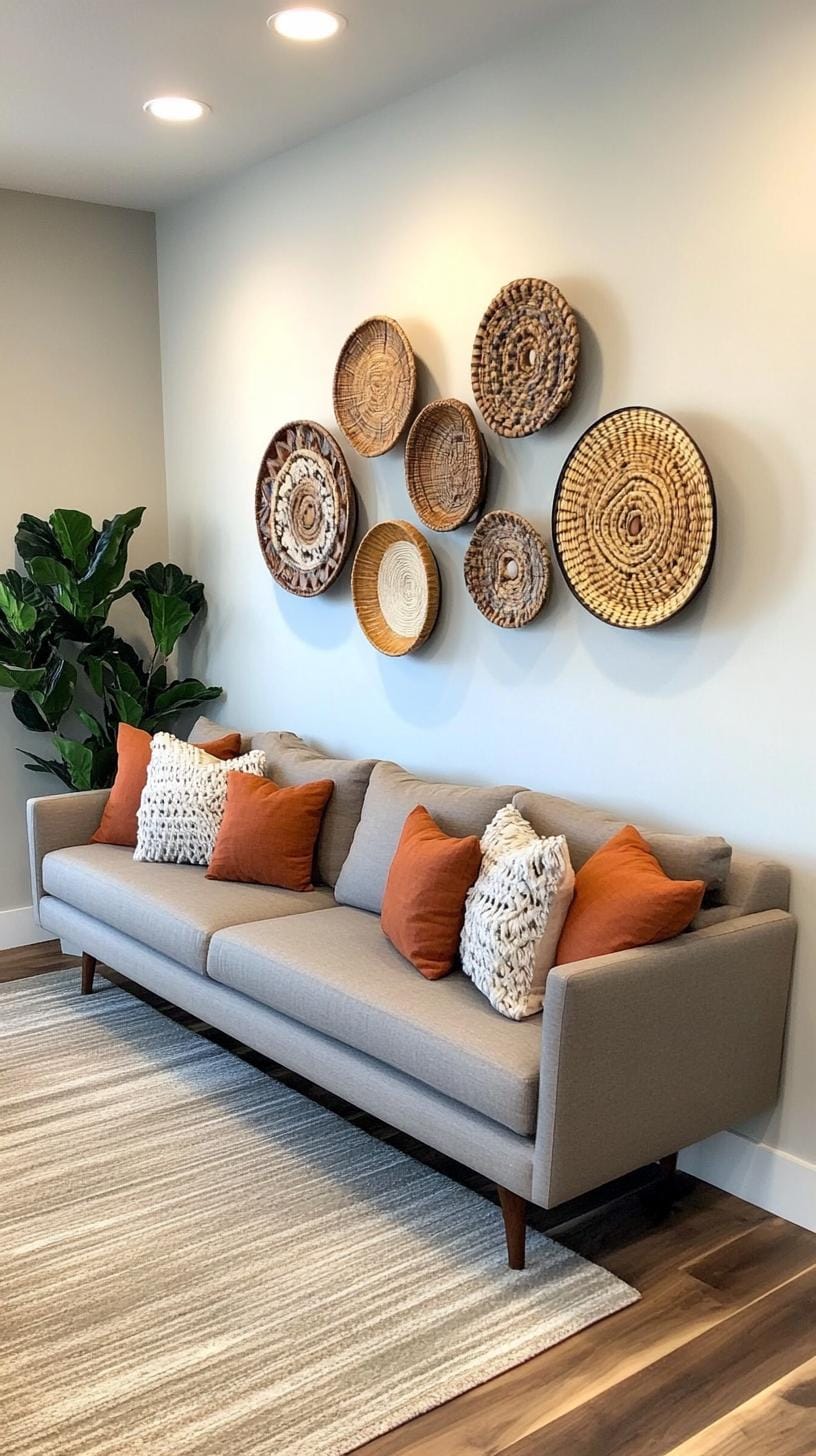 37 Gallery Wall Decor Ideas: Layouts And Styles to Elevate Any Room 27 9. Mixed material eclectic wall blending canvas mirrors plates and macramé-1