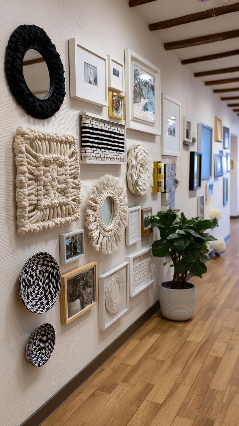 37 Gallery Wall Decor Ideas: Layouts And Styles to Elevate Any Room 28 9. Mixed material eclectic wall blending canvas mirrors plates and macramé-2