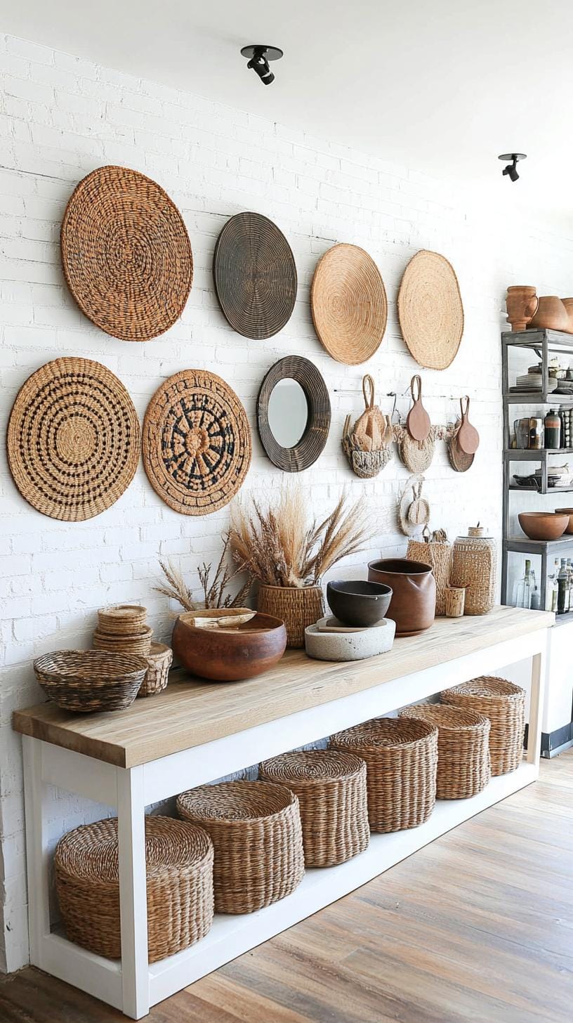 37 Gallery Wall Decor Ideas: Layouts And Styles to Elevate Any Room 29 9. Mixed material eclectic wall blending canvas mirrors plates and macramé-3