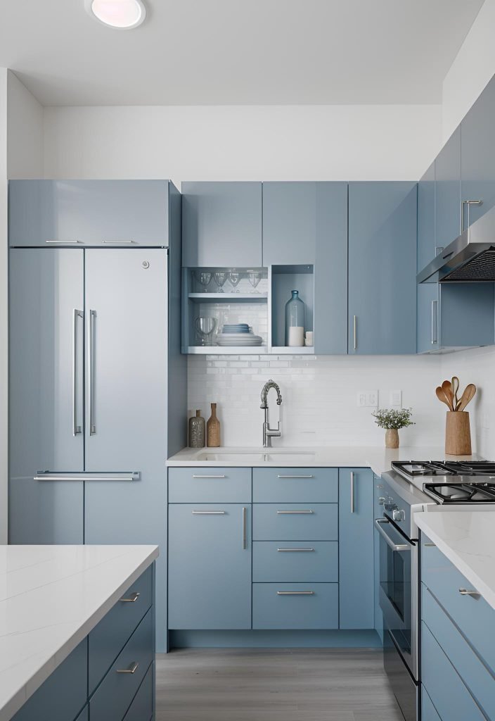 39 Trendy Blue Kitchen Cabinet Ideas: with Cool, Sophisticated Vibes 11 8. Modern Ice Blue Kitchen Cabinets-0