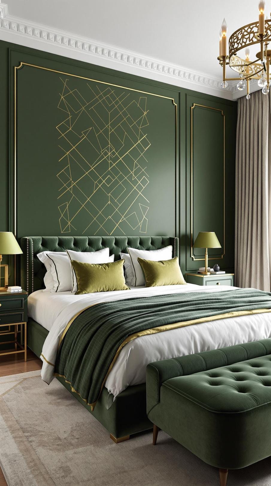 23 atemberaubende Ideen für olivgrüne Schlafzimmer, die Sie absolut lieben werden 18 5. Modernes olivgrünes Schlafzimmer mit goldenen geometrischen Mustern-0