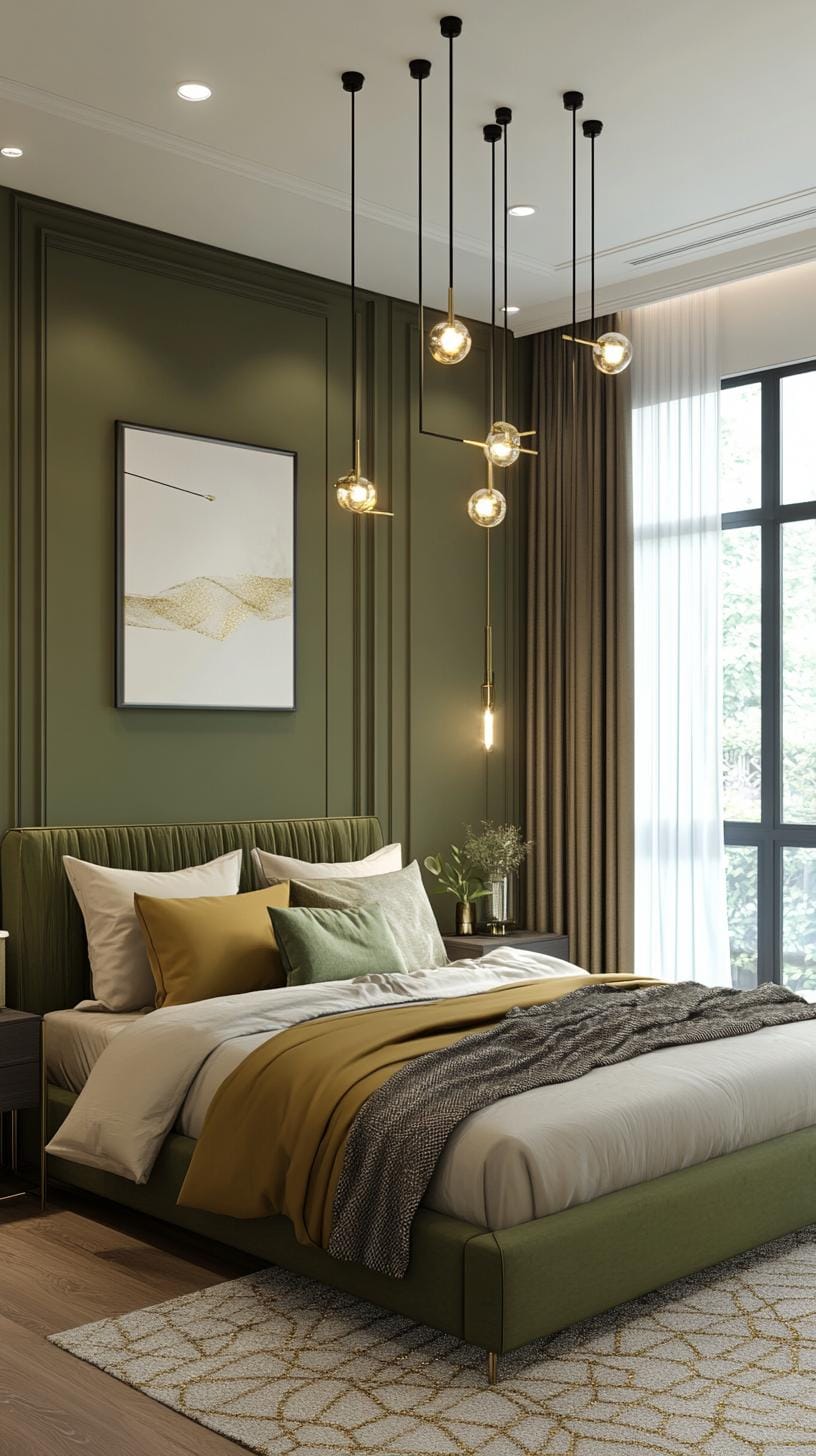 23 atemberaubende Ideen für olivgrüne Schlafzimmer, die Sie absolut lieben werden 19 5. Modernes olivgrünes Schlafzimmer mit goldenen geometrischen Mustern-1