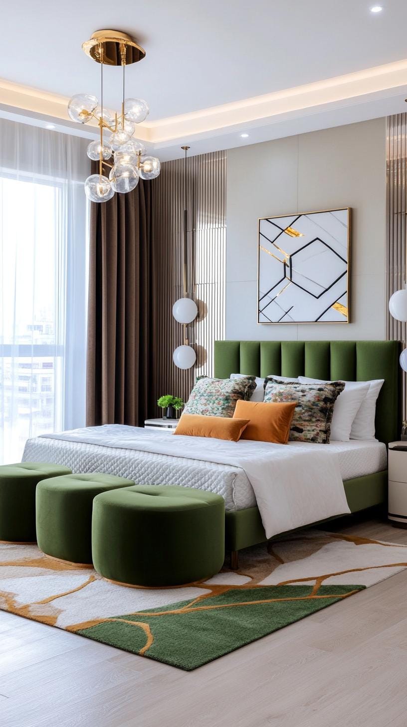 23 atemberaubende Ideen für olivgrüne Schlafzimmer, die Sie absolut lieben werden 20 5. Modernes olivgrünes Schlafzimmer mit goldenen geometrischen Mustern-2