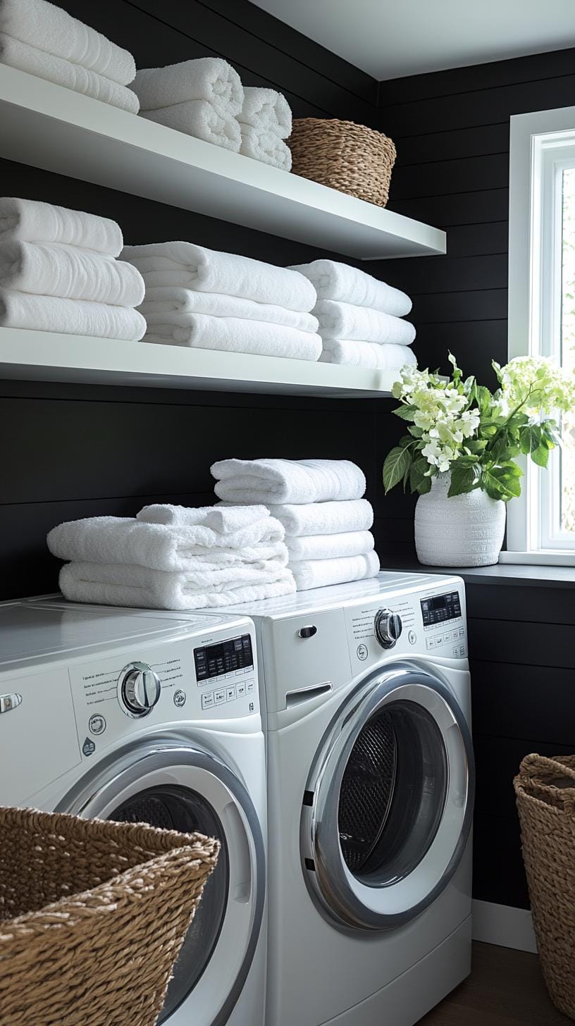 20 Genius Tiny laundry room ideas: organization & stacked design 7 3 .. Modern black accent wall with floating shelves for bed linen-0