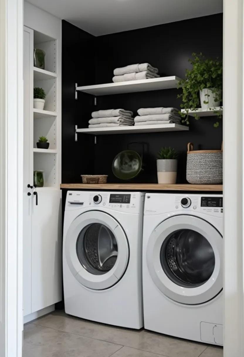 20 Genius Tiny laundry kitchen ideas: organization & stacked design 8 3 .. Modern black accent wall with floating shelves for bed linen-1