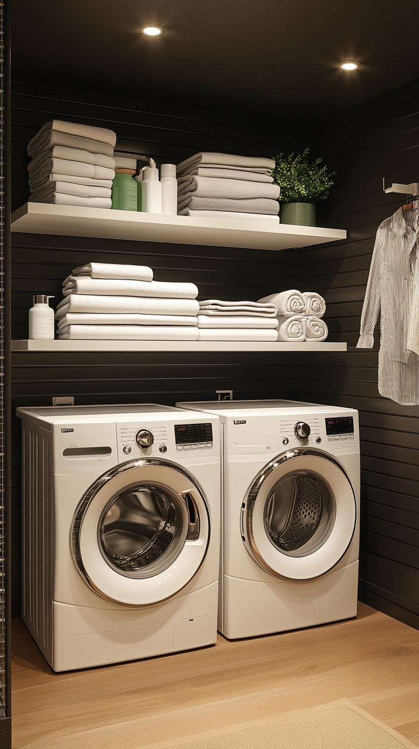 20 Genius Tiny laundry room ideas: organization & stacked design 9 3 .. Modern black accent wall with floating shelves for bed linen-2