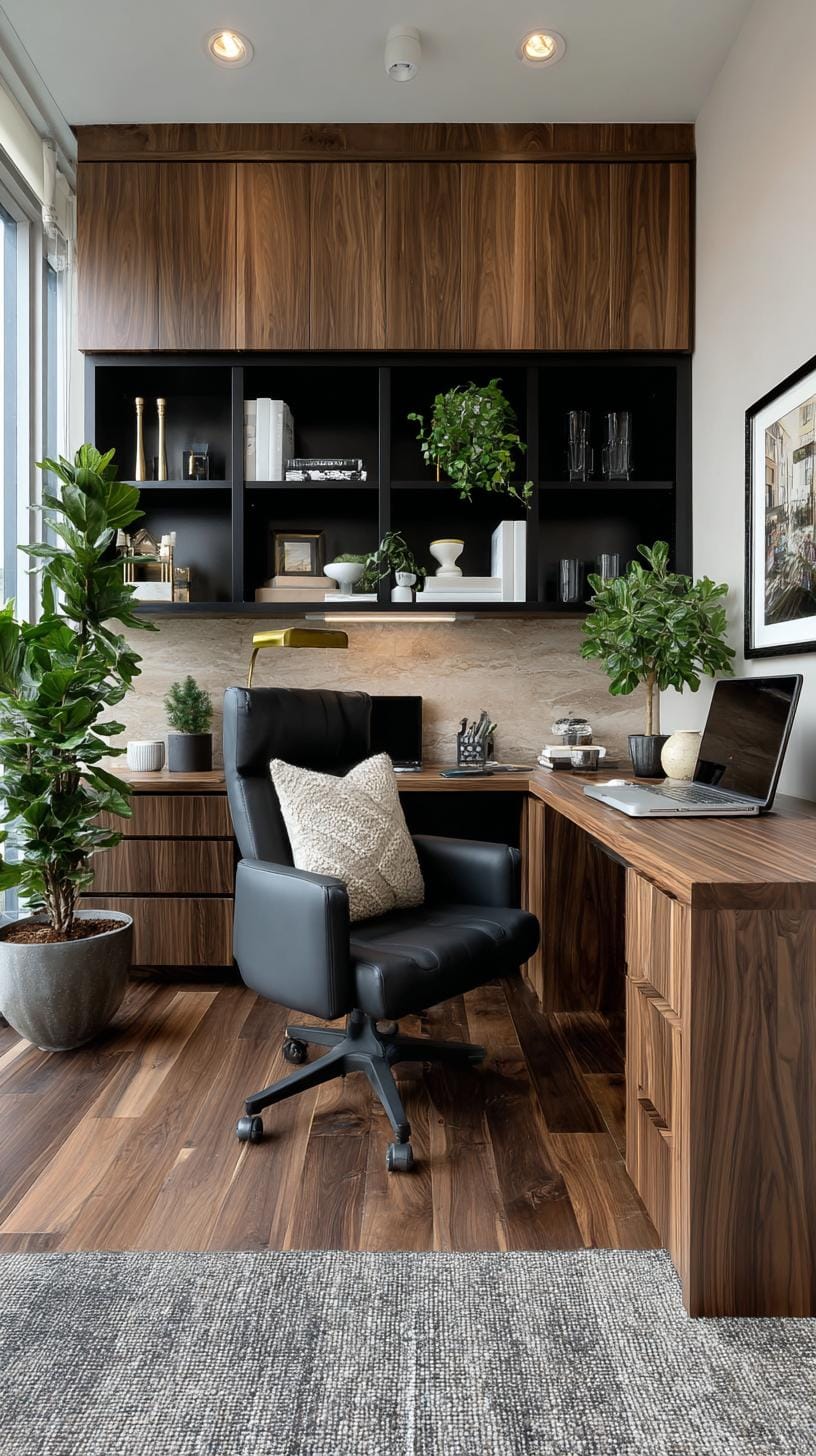 21 clever small office ideas for home and work areas 13 4. Modern black and walnut office with a symmetrical memory-0