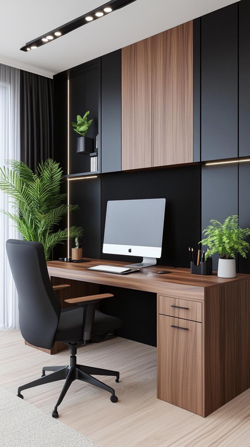 21 clever small office ideas for home and work areas 14 4. Modern black and walnut office with a symmetrical memory-1