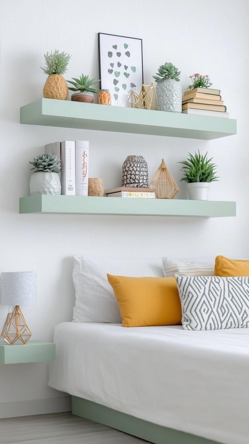 25 Trendy Sage Green Schlafzimmer Ideen für 2025 55 17. Moderner minimalistischer Raum mit schwimmenden weisen grünen Regalen für kuratierte Displays-0