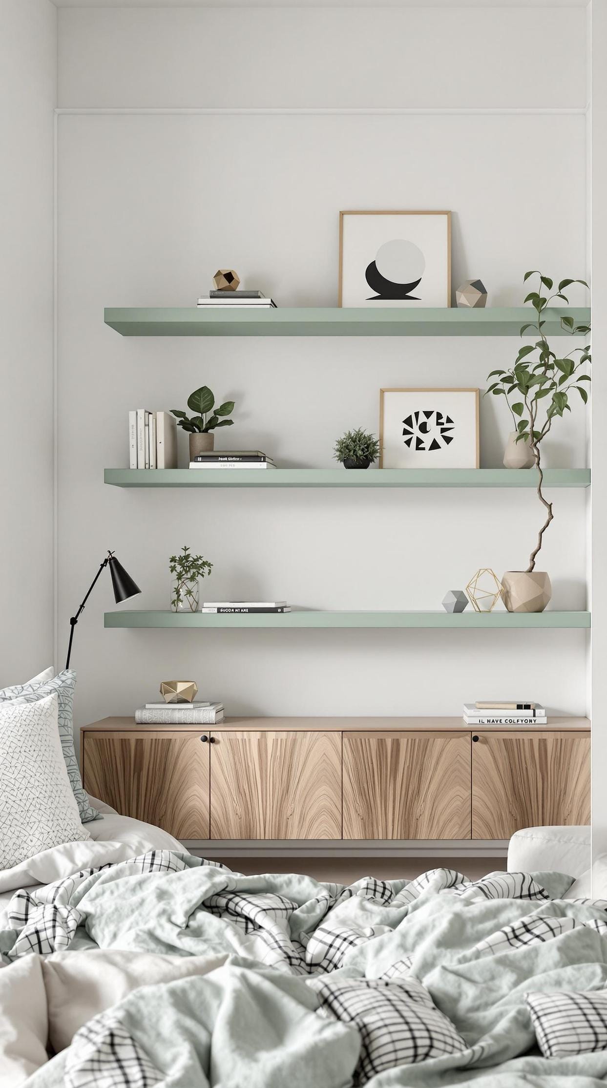 25 Trendy Sage Green Schlafzimmer Ideen für 2025 56 17. Moderner minimalistischer Raum mit schwimmenden weisen grünen Regalen für kuratierte Displays-1
