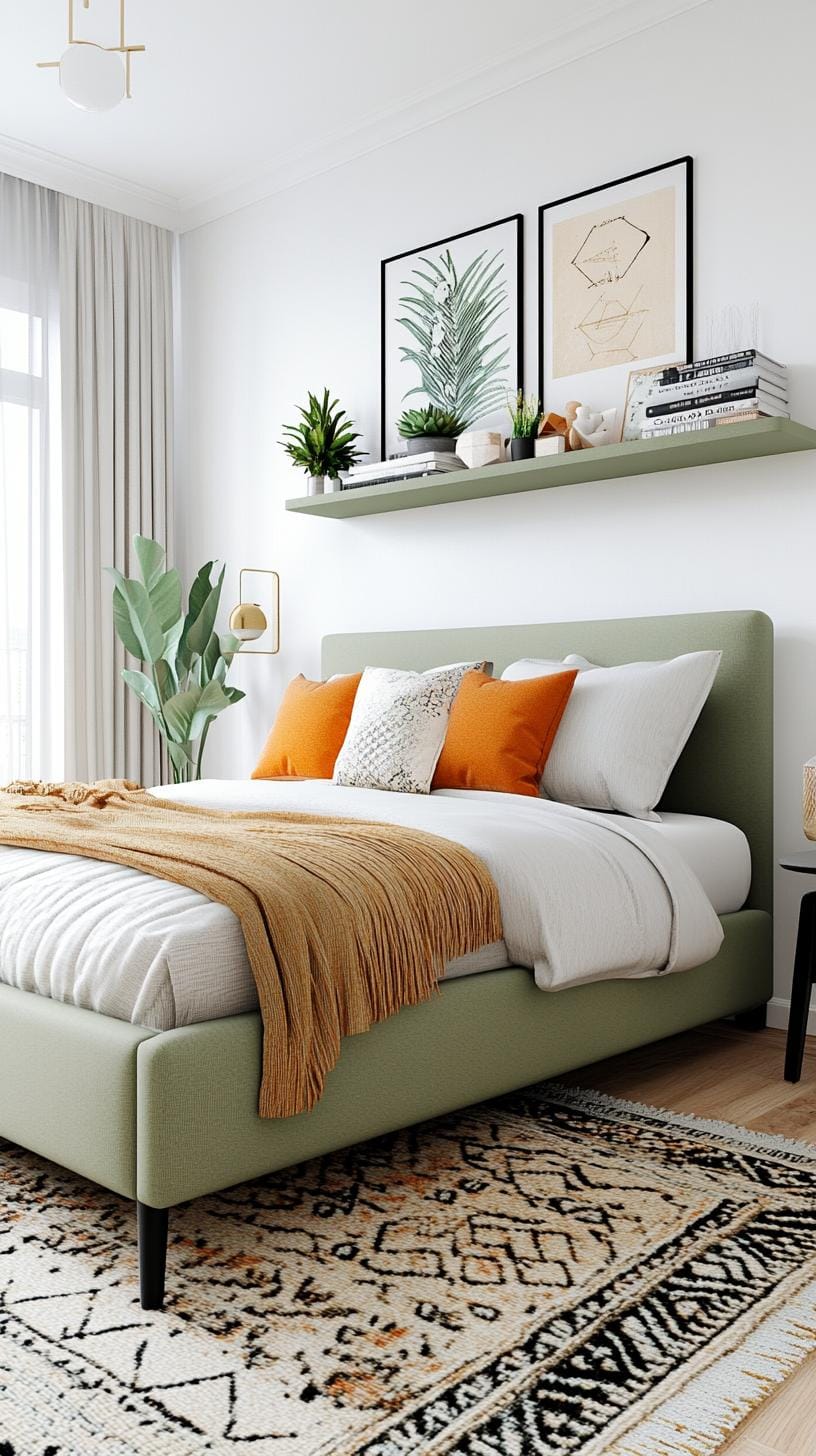 25 Trendy Sage Green Schlafzimmer Ideen für 2025 57 17. Moderner minimalistischer Raum mit schwimmenden weisen grünen Regalen für kuratierte Displays-2