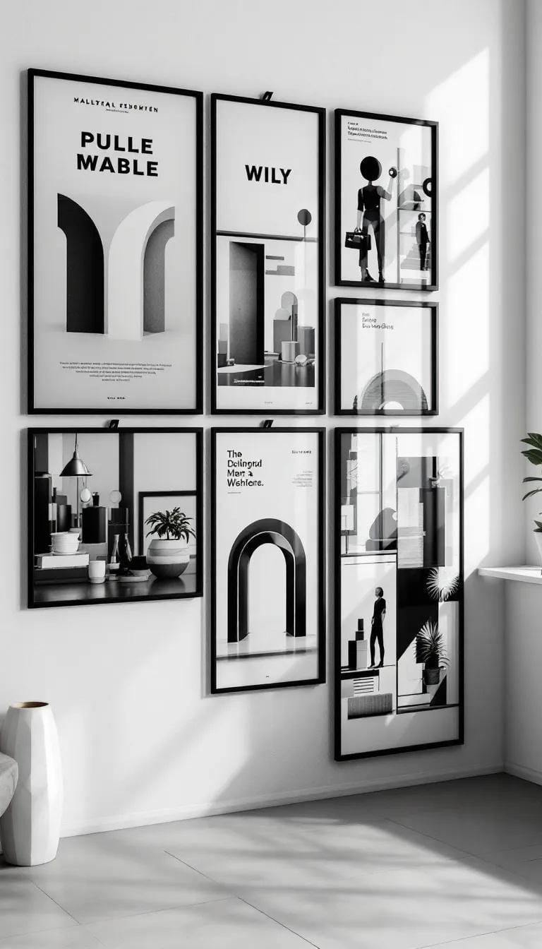 37 Gallery Wall Decor Ideas: Layouts And Styles to Elevate Any Room 104 35. Modern poster wall style using posters in sleek black metal frames-0