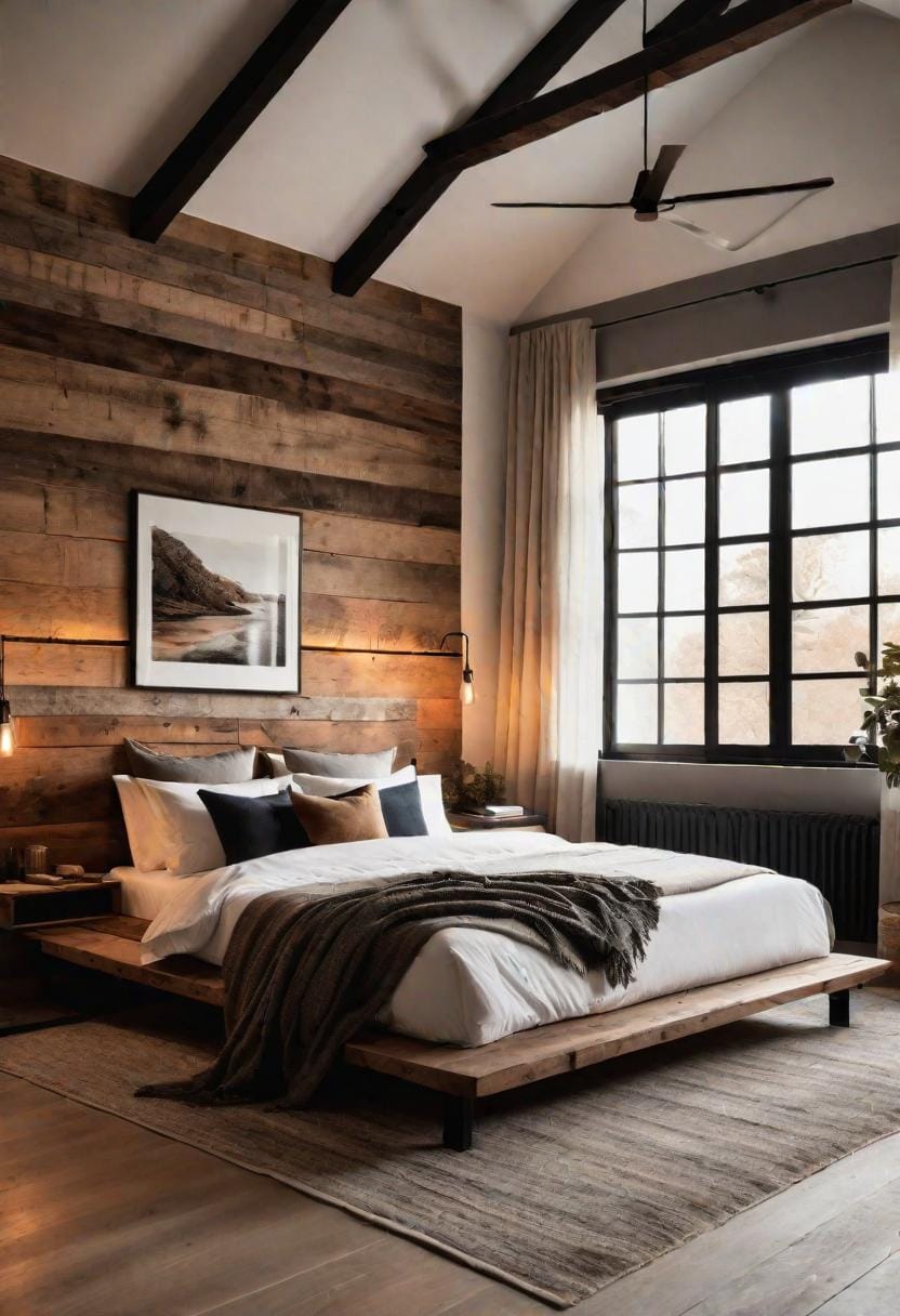 21 modern bedroom ideas for your 2025 makeover 30 9. Modern rustic fusion with recovered wood details and soft, earthy textile-0
