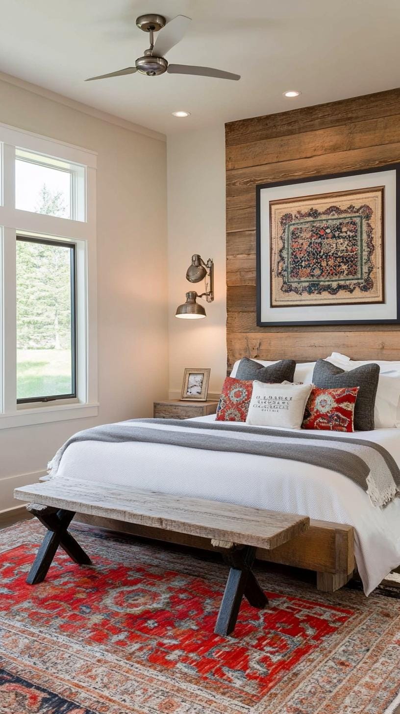 21 modern bedroom ideas for your 2025 makeover 31 9. Modern rustic fusion with recovered wood details and soft, earthy textile-1