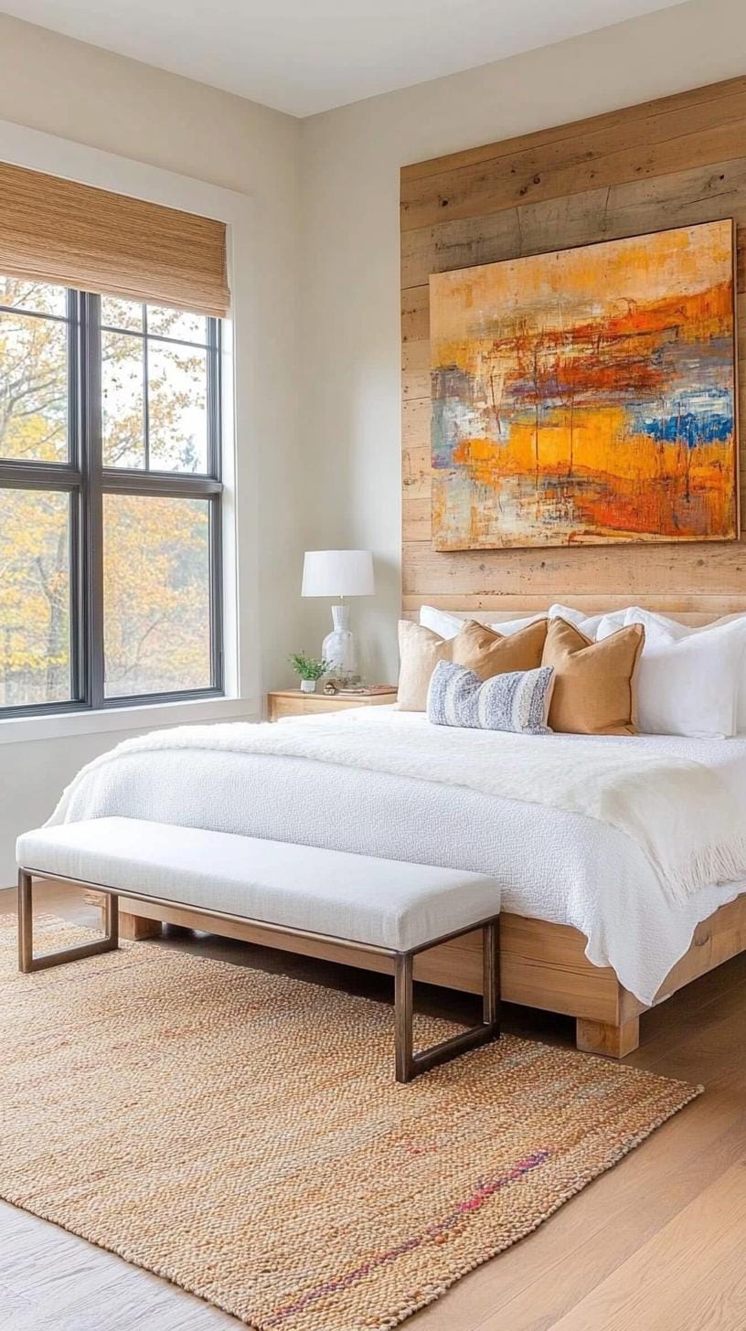 21 modern bedroom ideas for your 2025 makeover 32 9. Modern rustic fusion with recovered wood details and soft, earthy textile-2