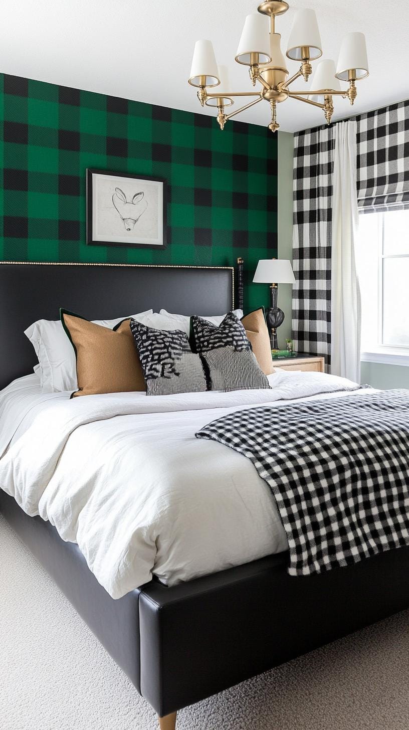 20 elegant black and green bedroom ideas that you have to see 9 3 .. Monochrome Magic: Use a chessboard pattern with alternating black and deep green wallpapers for a brave impact-0