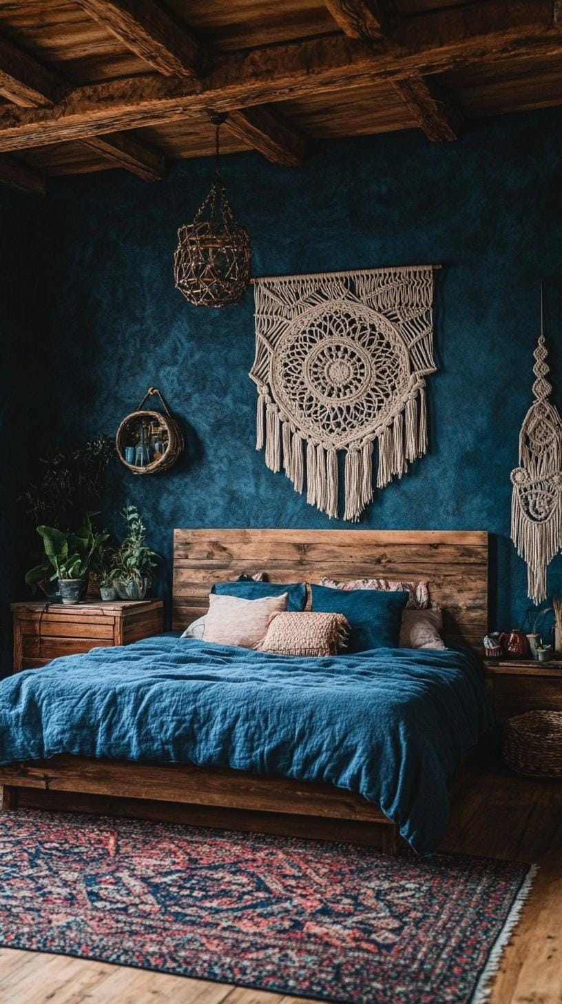 23 atmospheric Boho bedroom ideas for copying 18 6. Moody dark blue walls paired with rustic wooden furniture-0