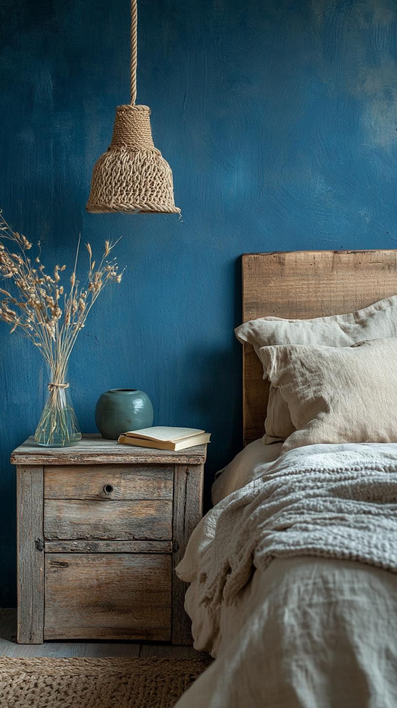 23 atmospheric Boho bedroom ideas for copying 19 6. Moody dark blue walls paired with rustic wooden furniture-1