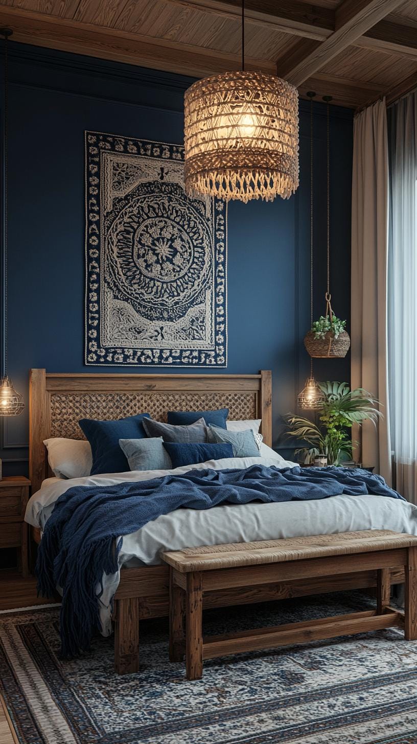23 Wonderful atmospheric Boho bedroom ideas for copying 20 6. Moody dark blue walls paired with rustic wooden furniture-2