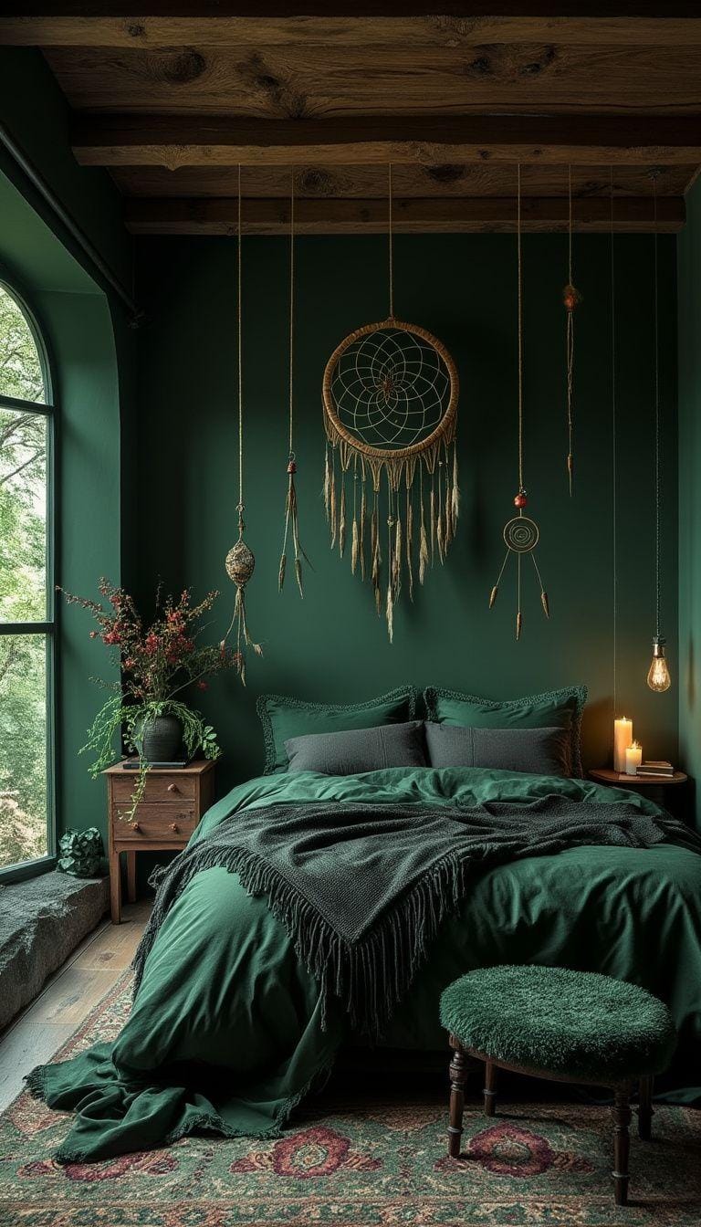 4. Atmospheric, dark green walls complemented by rustic wood strokes and essential dream catchers