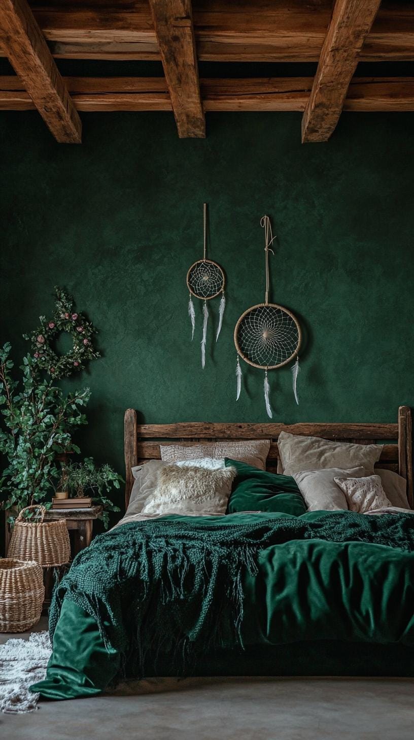 4. Atmospheric, dark green walls supplemented by rustic wood strokes and essential dream catchers