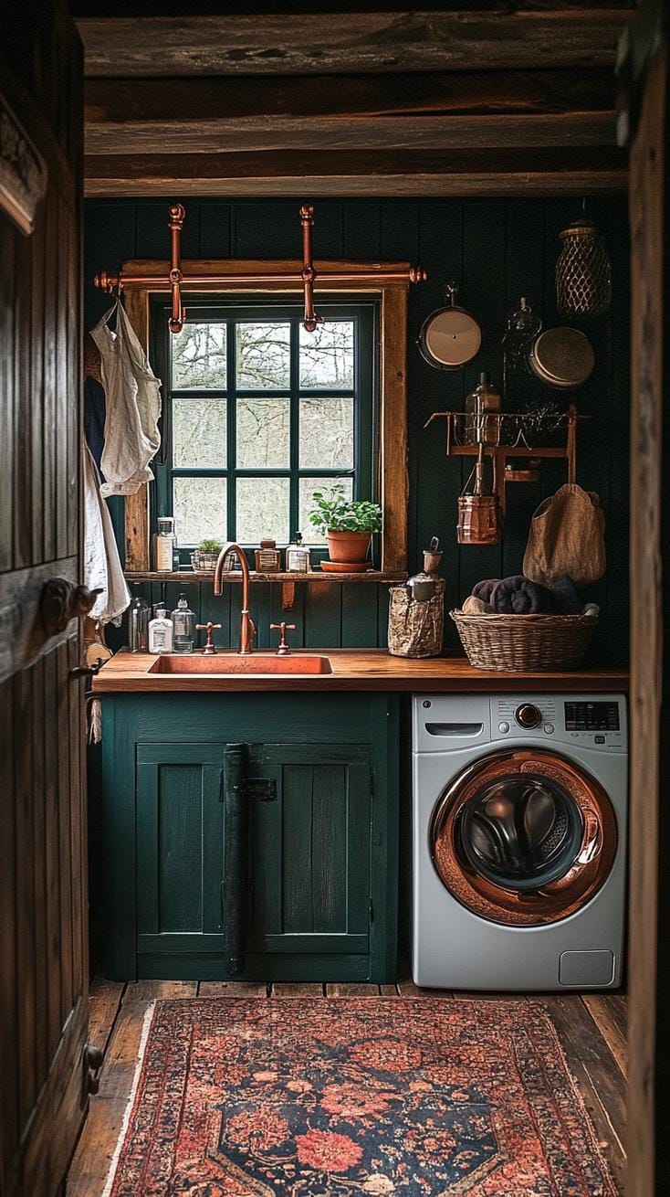 20 Genius Tiny laundry kitchen ideas: organization & stacked design 23 9. Moody dark blue-green walls with copper-colored hanging bars-0