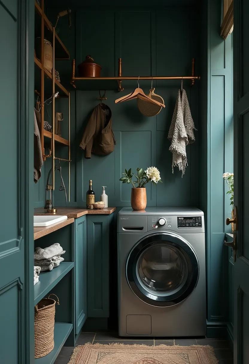 20 Genius Tiny laundry kitchen Ideas: Organization & Stacked Design 24 9. Moody Dark blue-green walls with copper-colored sloping rods-1