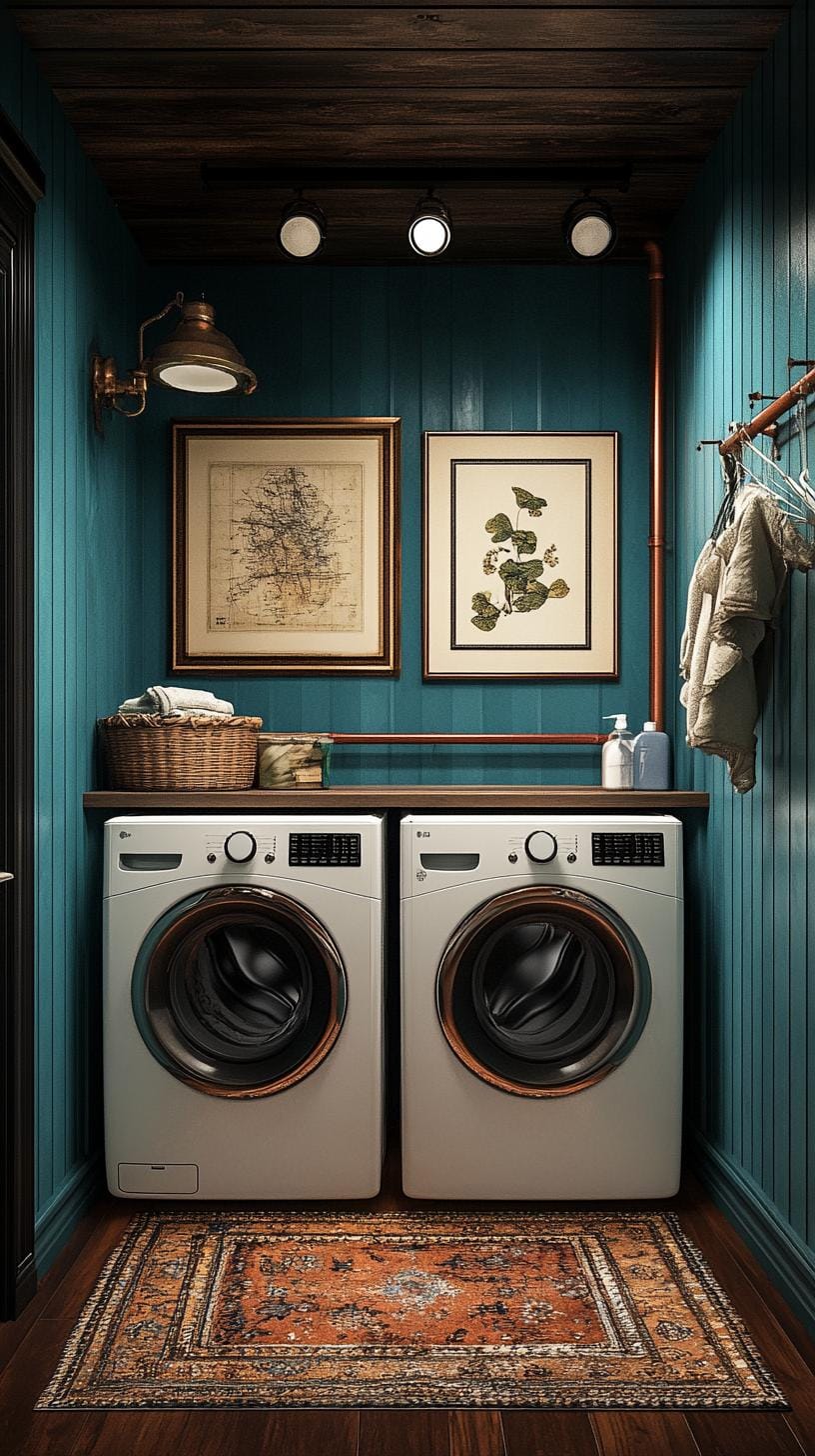 20 Genius Tiny laundry kitchen ideas: organization & stacked design 25 9. Moody Dark blue-green walls with copper-colored hanging bars-2