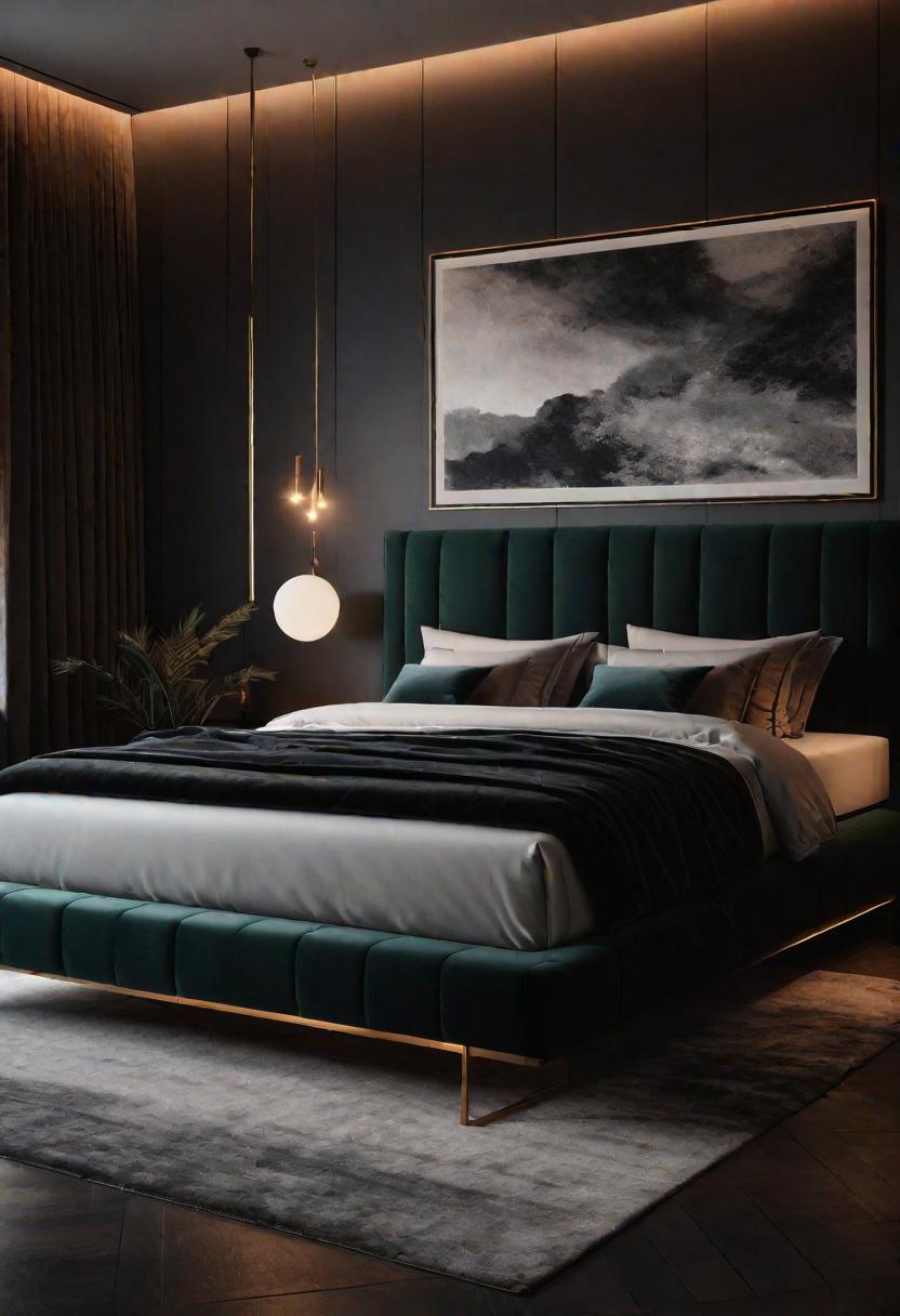 21 modern bedroom ideas for your 2025 makeover 29 8. Moody Elegance with deep color schemes, velvet textures and dramatic lighting-1