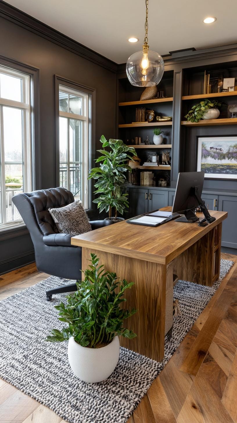 21 clever small office ideas for home and work areas 44 16. Moody office with charcoal walls and natural wood-0