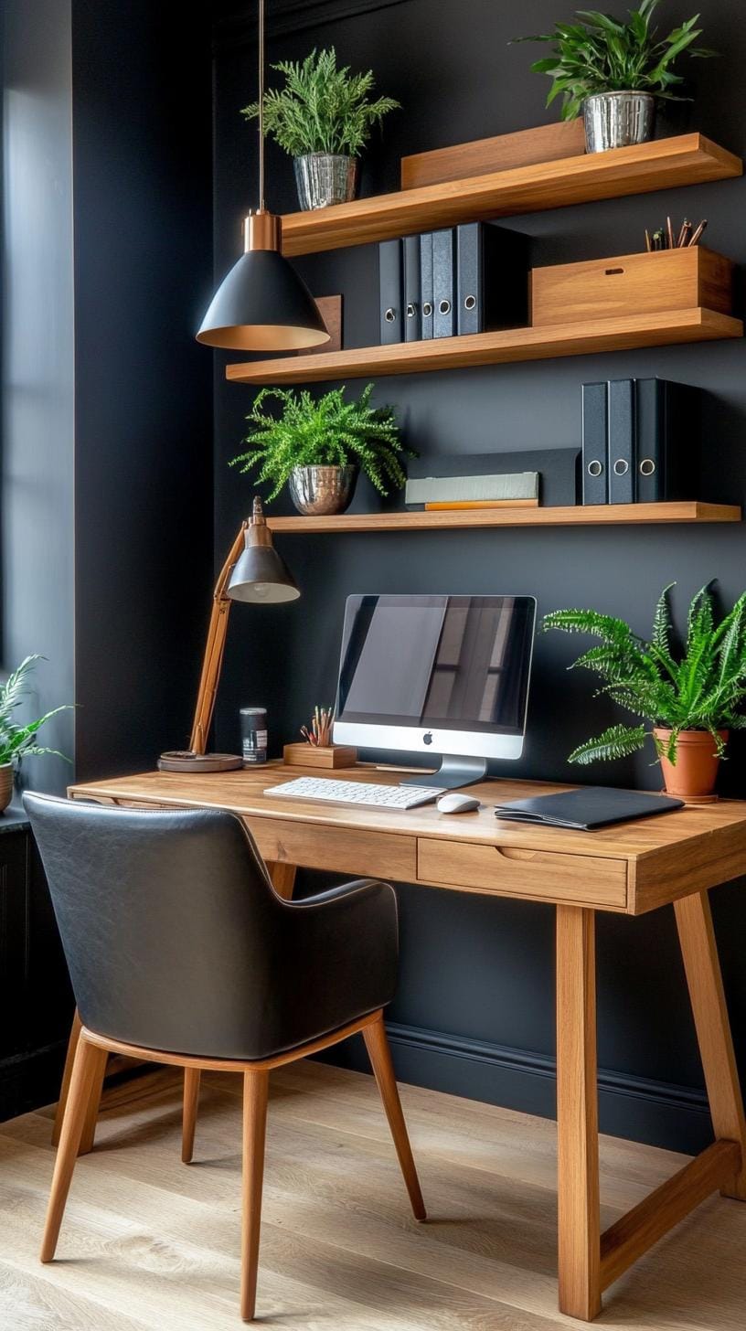 21 clever small office ideas for home and work areas 46 16. Moody office with charcoal walls and natural wood-2