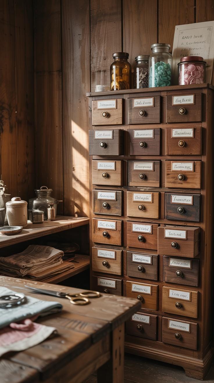 25 Bastelraum -Ideen mit genialen Organisation und Dekor Tipps 34 11. Moody Vintage Craft Room mit Apothekerschubladen-0