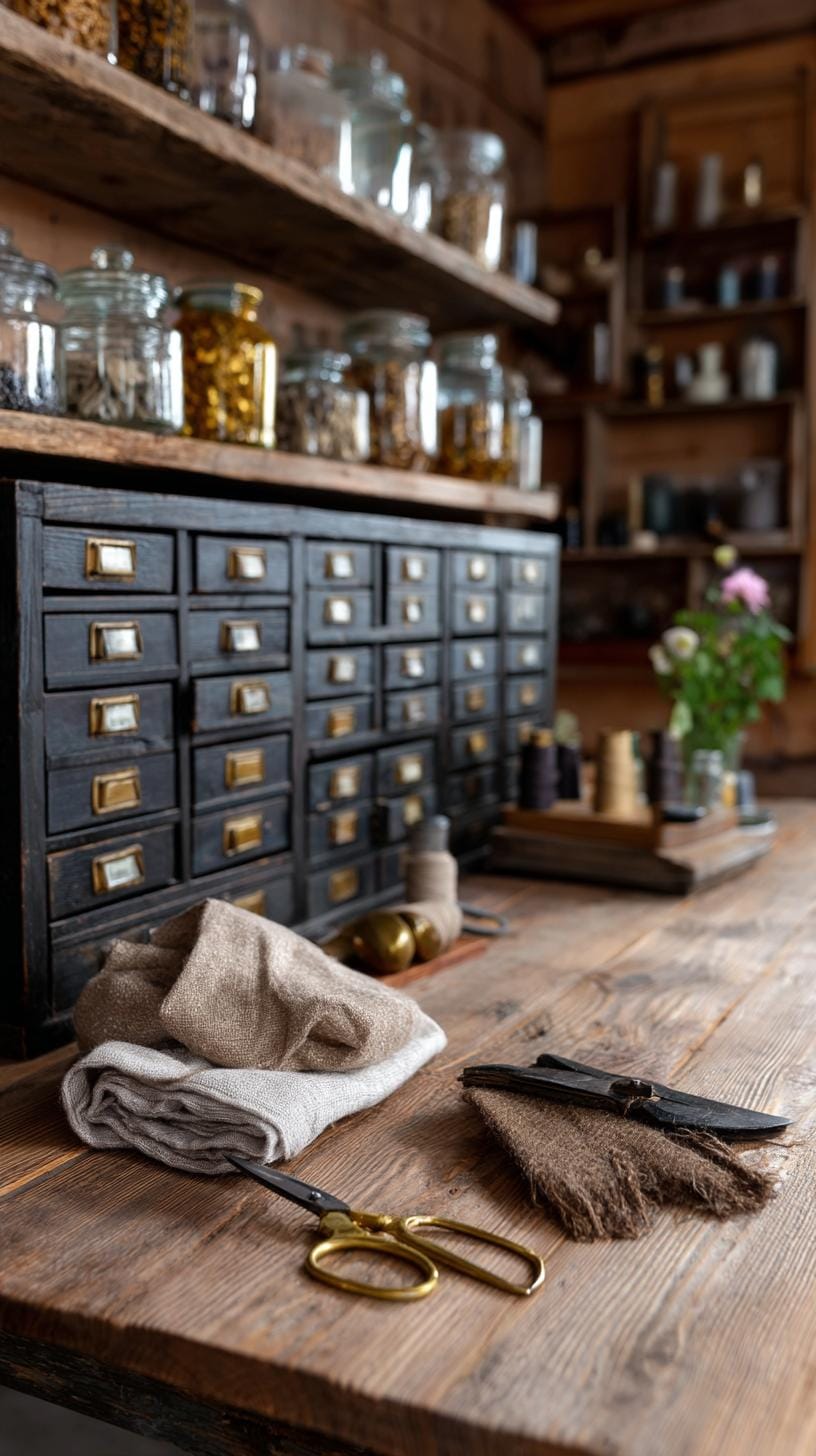 25 Bastelraum -Ideen mit genialen Organisation und Dekor Tipps 35 11. Moody Vintage Bastelraum mit Apothekerschubladen-1