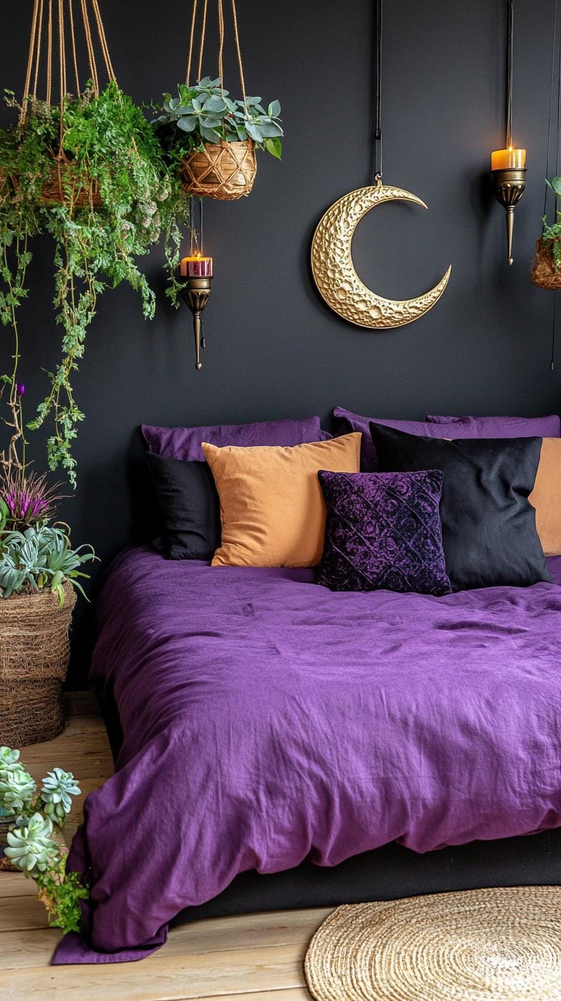 19 Best Gothic Boho bedroom ideas for a dreamy sanctuary 19 6. Moon-shaped wall decoration with hanging succulents, cascading vines and metallic candle lights-0