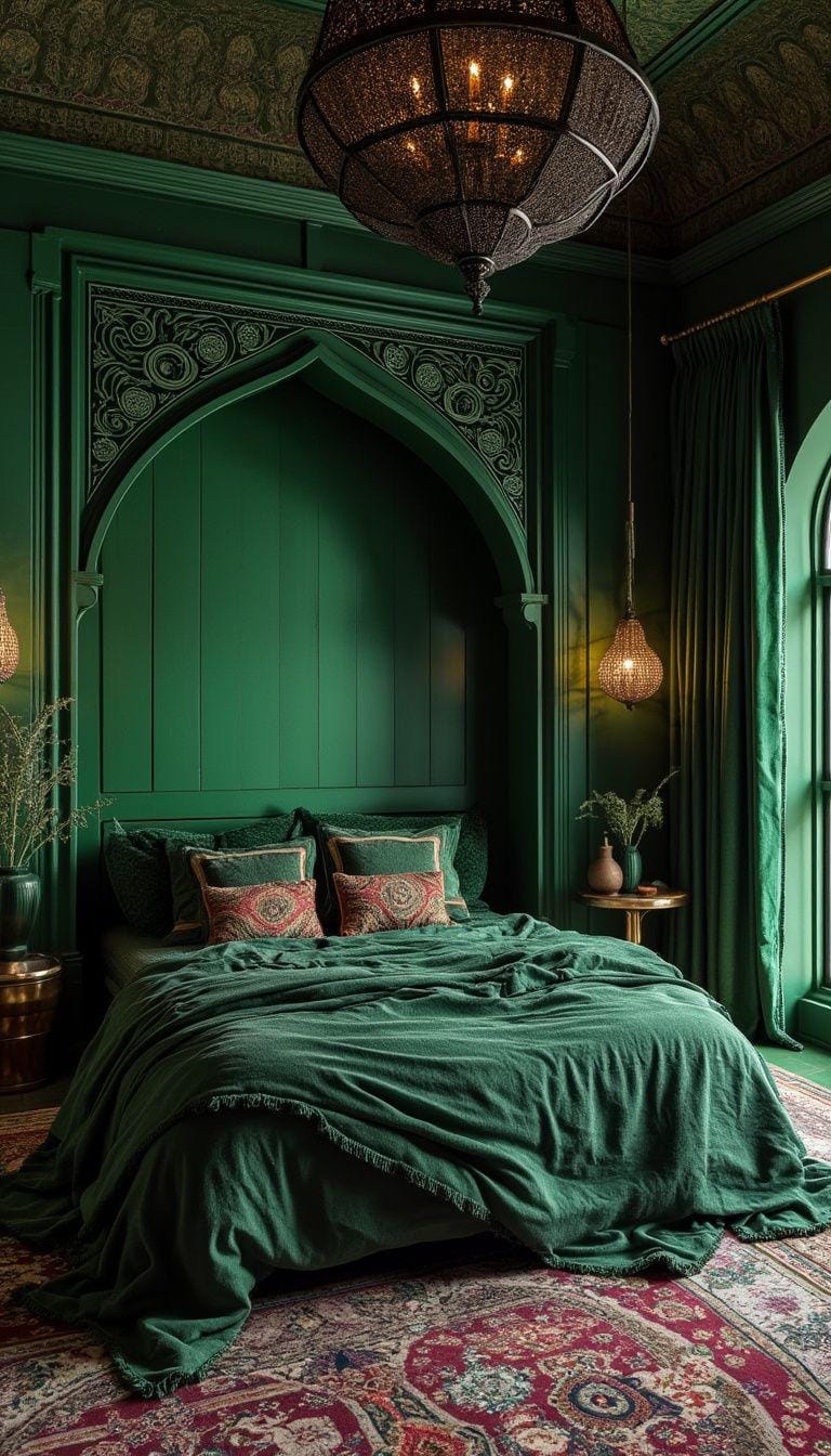 20 moody green bedroom ideas for a cozy retreat 50 16. Moroccan mysticism: Use dark, rich greens with complicated patterns and textures for an exotic, mystical feeling-0
