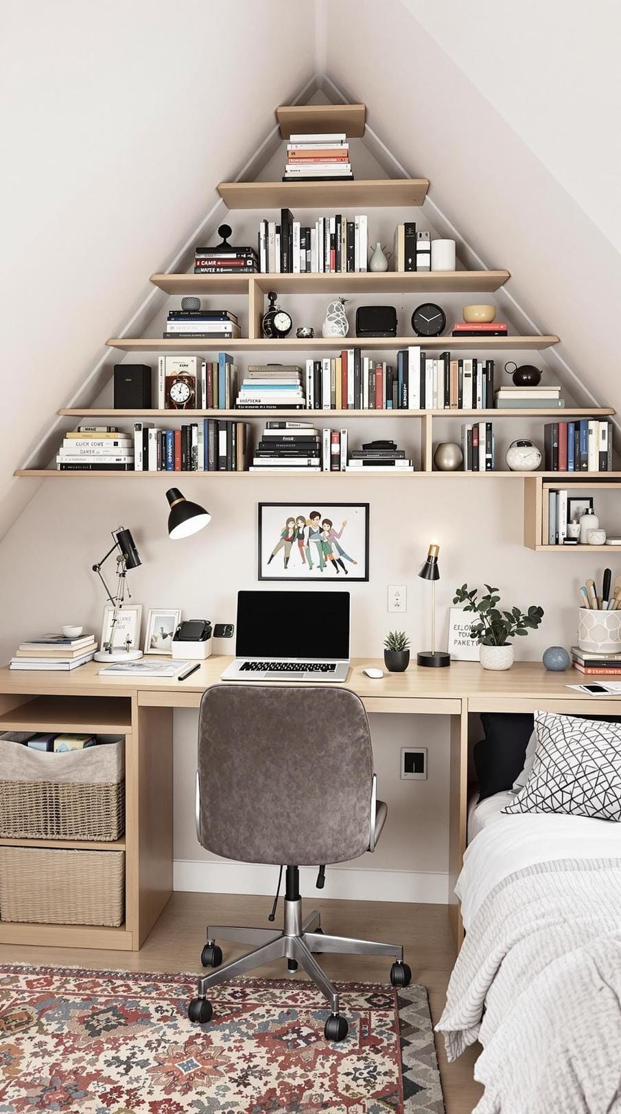 15 Genius Small roof tree bedroom ideas to maximize the room 21 7. Multifunctional desk & shelves Combination: A slim L-shaped desk that is integrated on overhead and underdesk shelves.