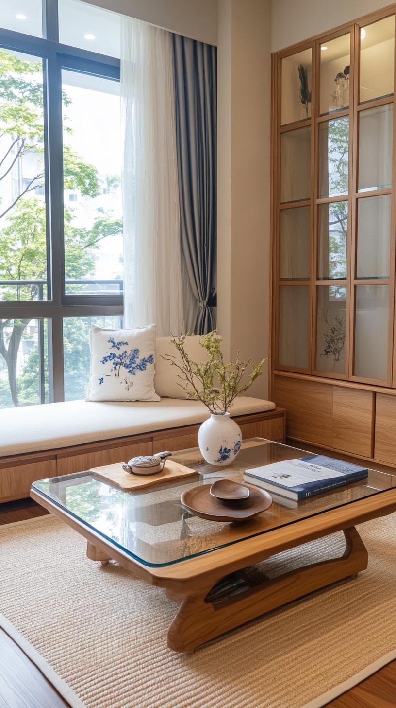 15 new Japandi living room ideas that you love 28 10. Multi-stage storage with a harmony made of glass and wood-0