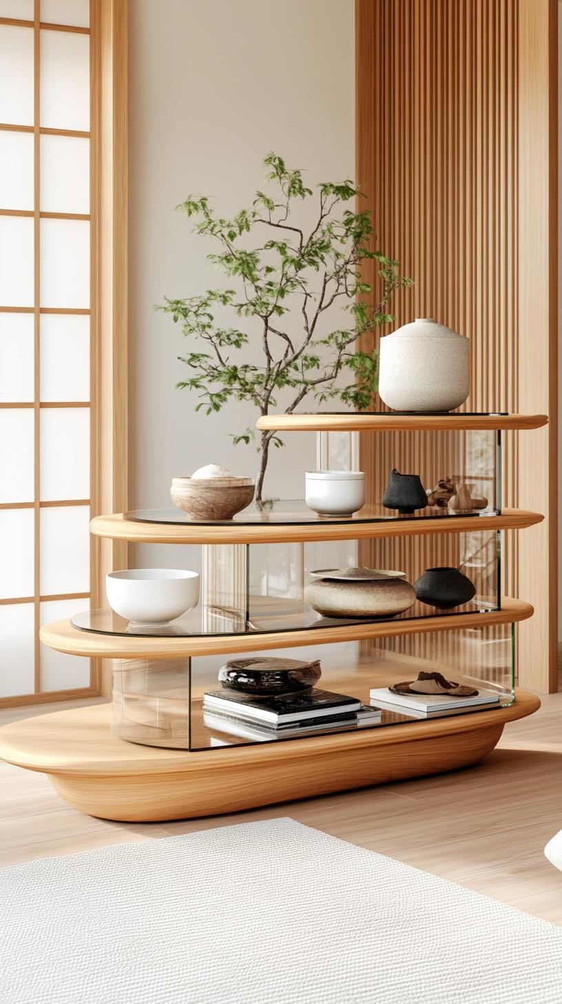 15 new Japandi living room ideas that you will love 29 10. Multi-stage storage with a harmony made of glass and wood-1