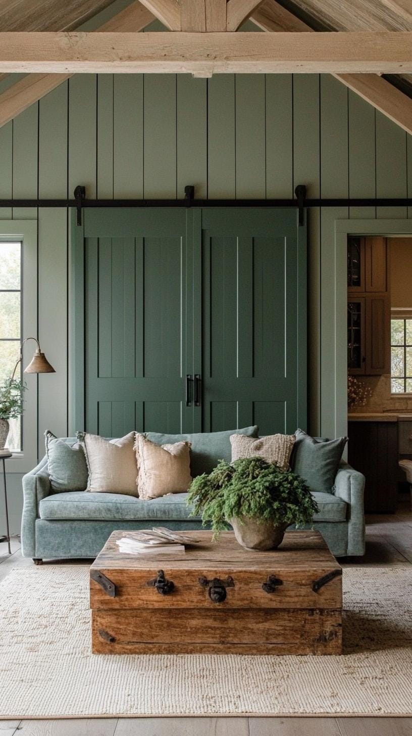 23 Best modern farmhouse living room ideas to inspire you 71 23. Damped color palette with olive green, deep blues and sun-drenched rust-1